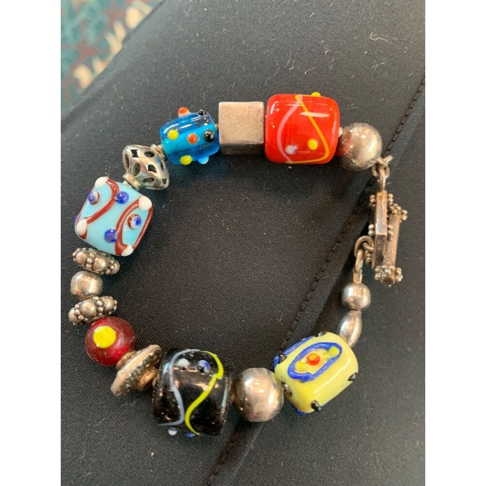 Sterling Silver Venetian Glass Bead Bracelet Toggle Clasp Multicolor Artisan